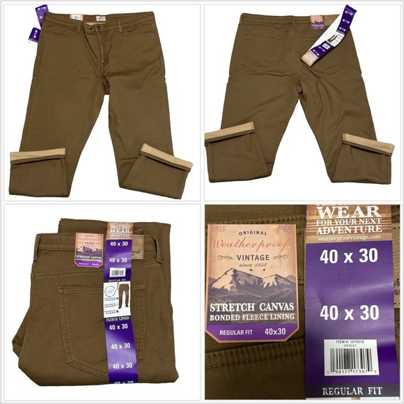 Men's Weatherproof 40 x 30 Pants Canvas Wheat Straight Soft Fleece Lined NWT - Picture 1 of 11